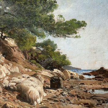 Paulin BERTRAND (1852-1940) Plage rocheuse aux pins penchés à Carqueiranne (Var)