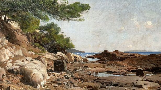 Paulin BERTRAND (1852-1940) Plage rocheuse aux pins penchés à Carqueiranne (Var)