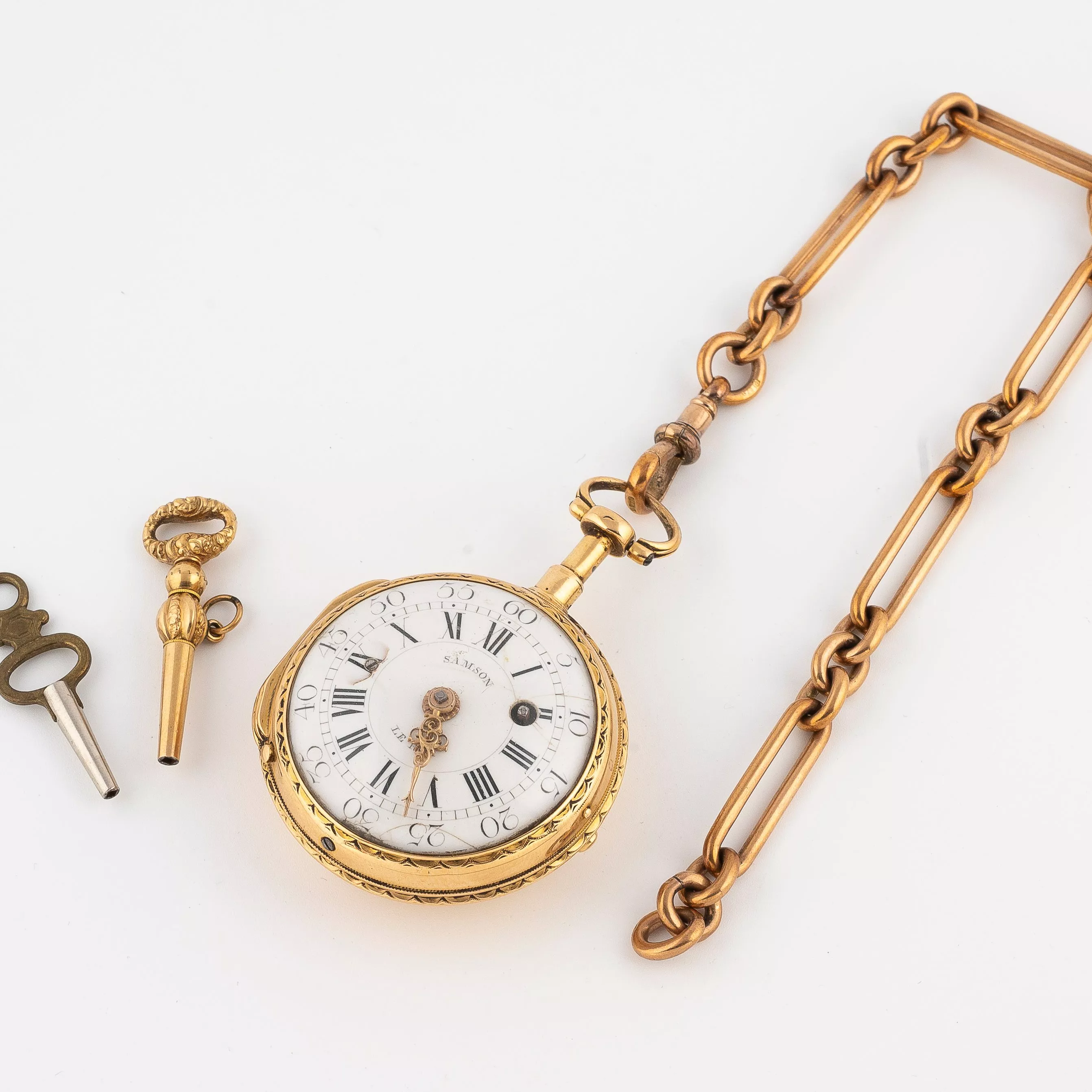 Montre de gousset en or jaune, cha&icirc;nette et cl&eacute;s remontoir