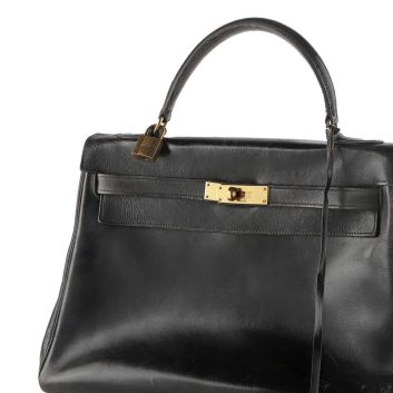 HERMÈS, Sac Kelly 32 cm retourné en veau box noir
