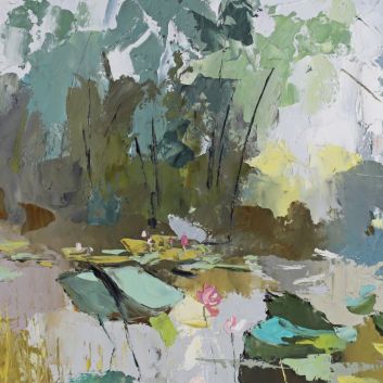 Nguyen Tri Minh (1924-2010) "Lotus et Bambous" Huile sur isorel
