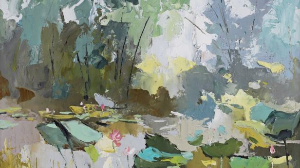 Nguyen Tri Minh (1924-2010) "Lotus et Bambous" Huile sur isorel