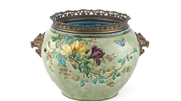 Théodore DECK (1823-1891), Cache-pot de forme ronde en faïence émaillée