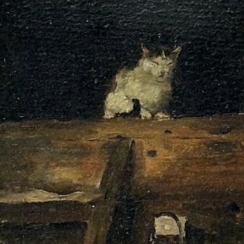 Pascal DAGNAN-BOUVERET (Paris 1852-1929 Quincey) La sieste du chat au seuil du grenier, Huile sur carton