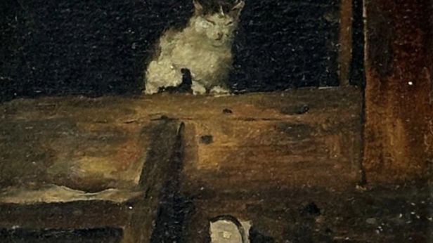 Pascal DAGNAN-BOUVERET (Paris 1852-1929 Quincey) La sieste du chat au seuil du grenier, Huile sur carton